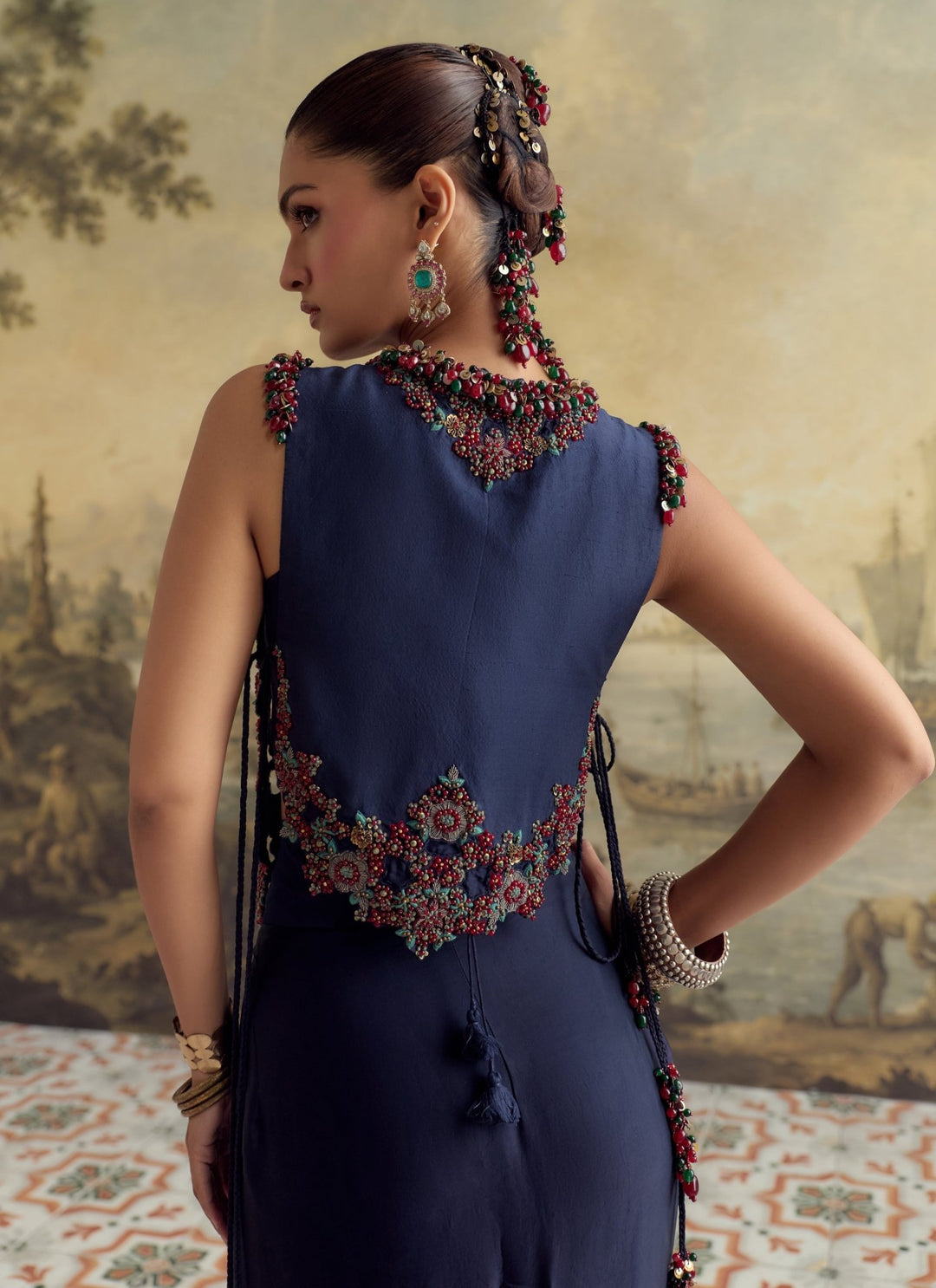 Prisho Royal Blue Satin Drape Skirt Set With Moti Cutwork GiletFabilicious Fashion