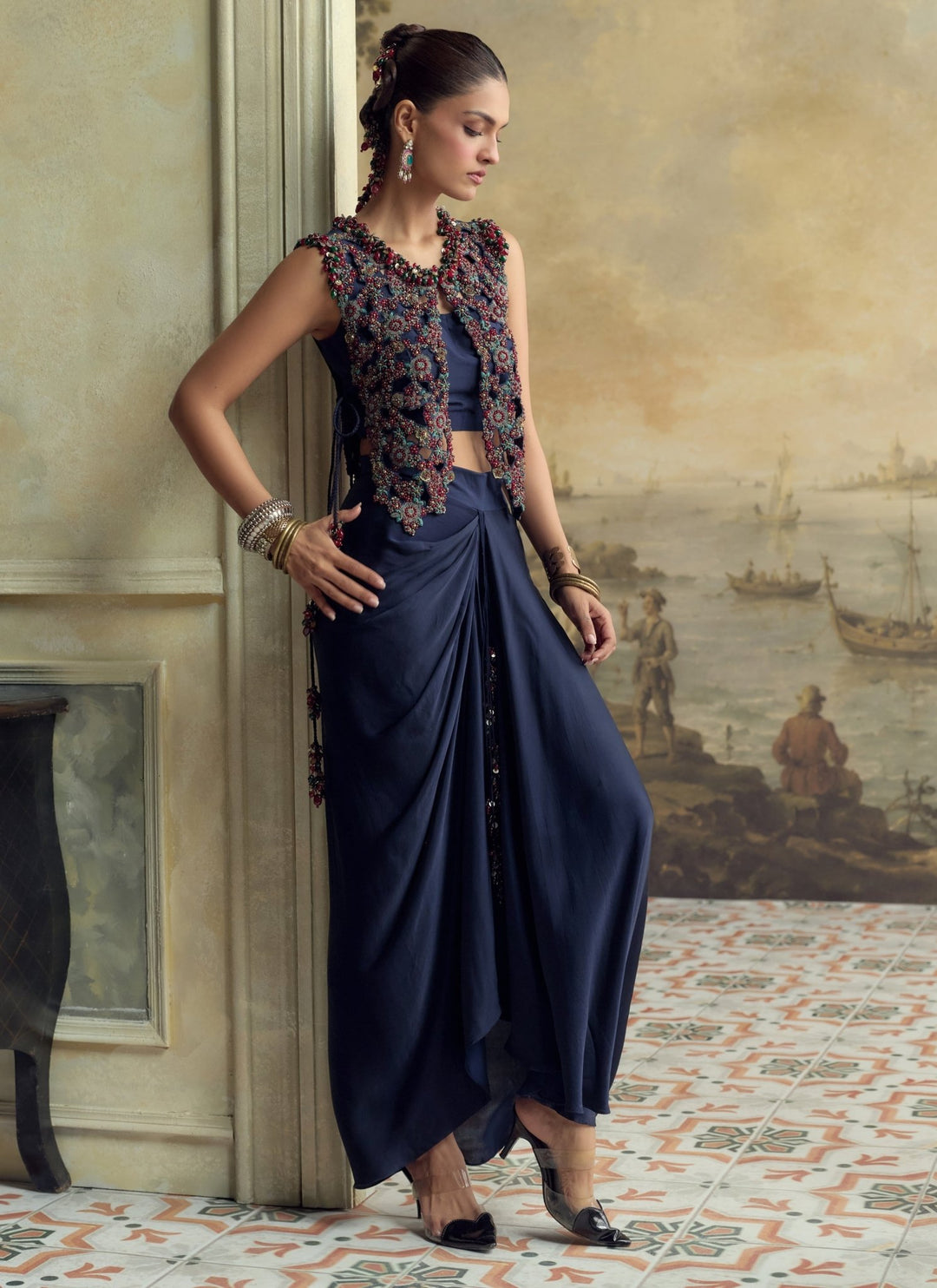 Prisho Royal Blue Satin Drape Skirt Set With Moti Cutwork GiletFabilicious Fashion