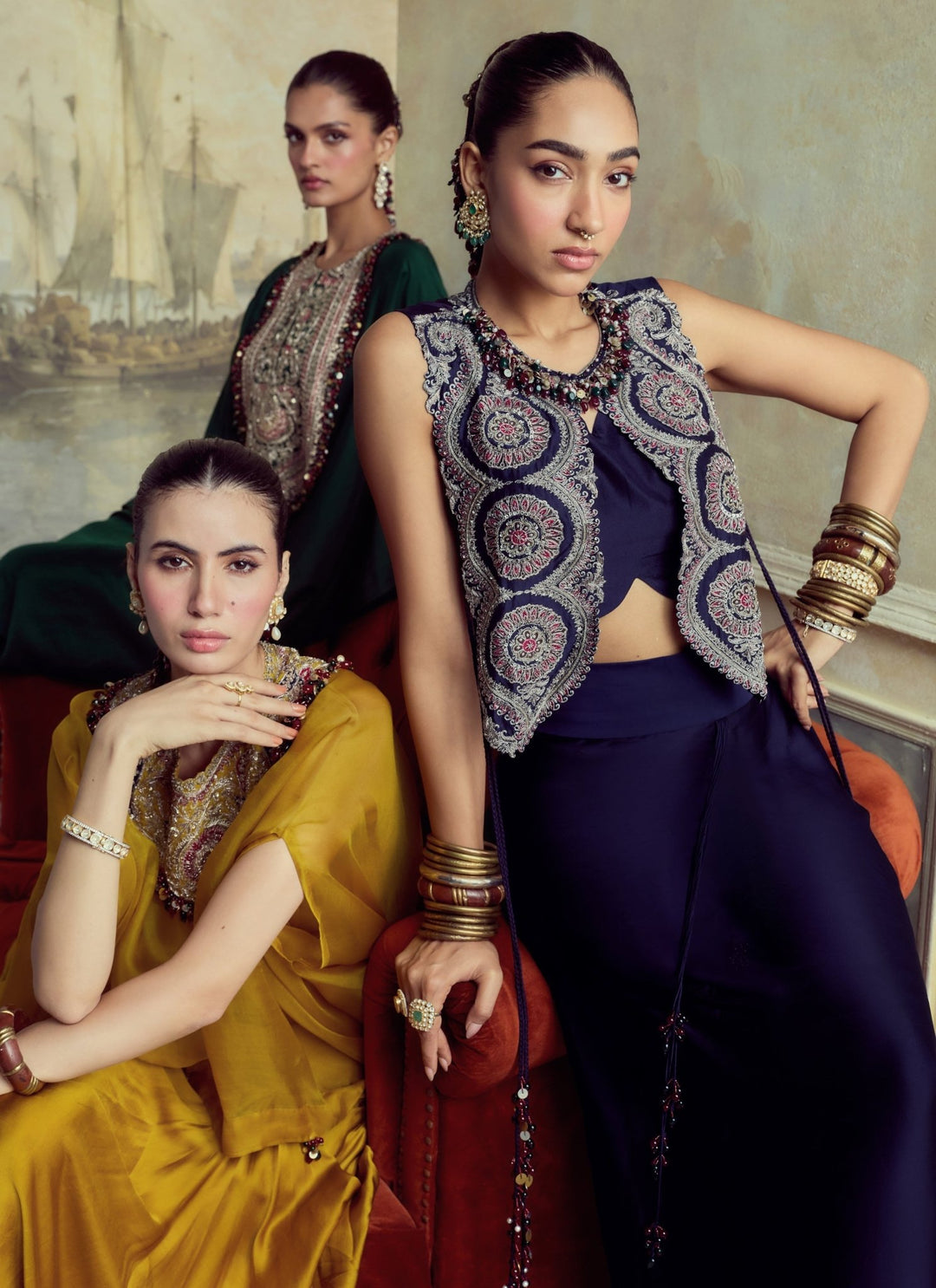 Prisho Royal Blue Satin Drape Skirt With Blouse And GiletFabilicious Fashion
