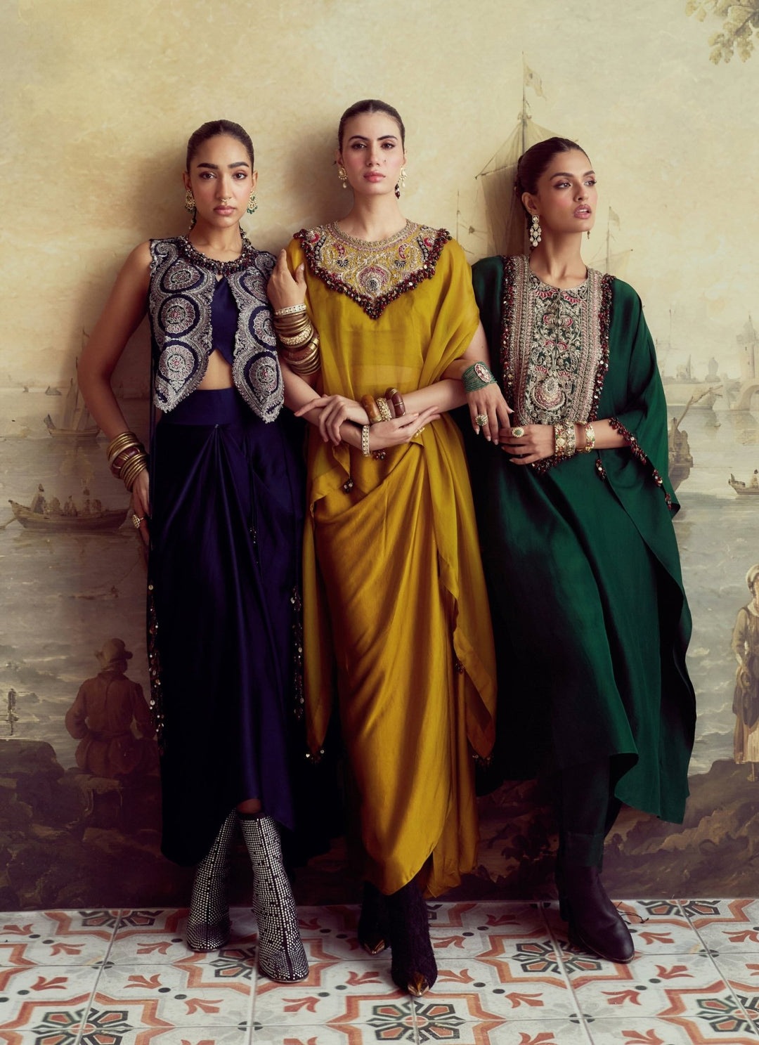 Prisho Royal Blue Satin Drape Skirt With Blouse And GiletFabilicious Fashion