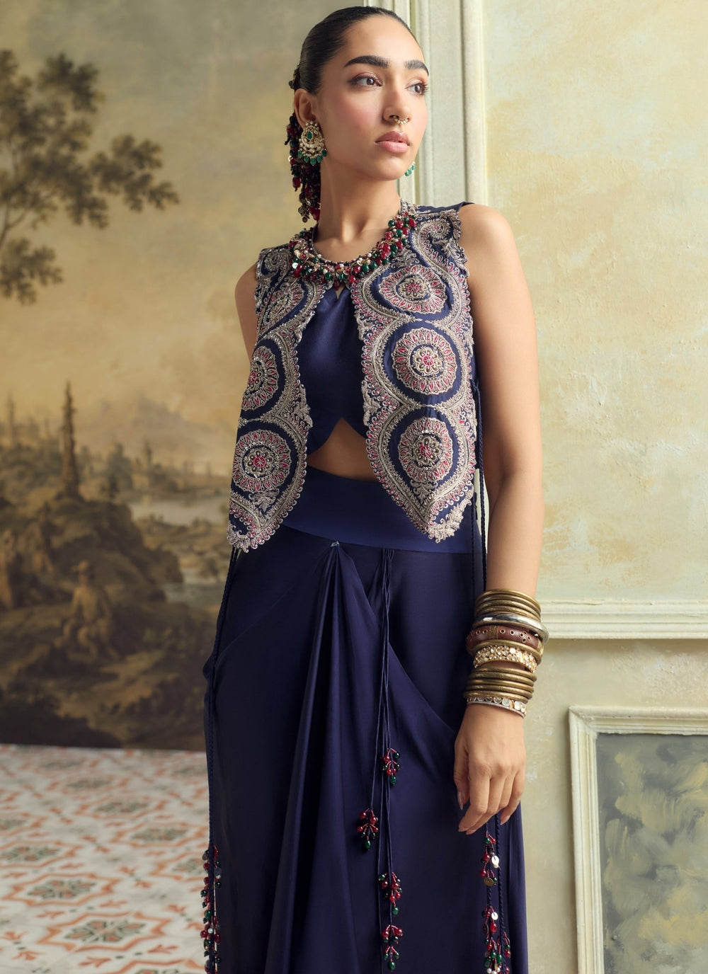 Prisho Royal Blue Satin Drape Skirt With Blouse And GiletFabilicious Fashion