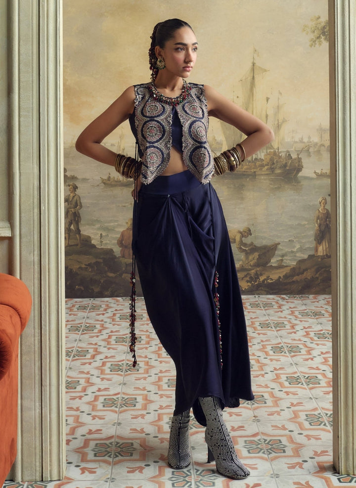 Prisho Royal Blue Satin Drape Skirt With Blouse And GiletFabilicious Fashion