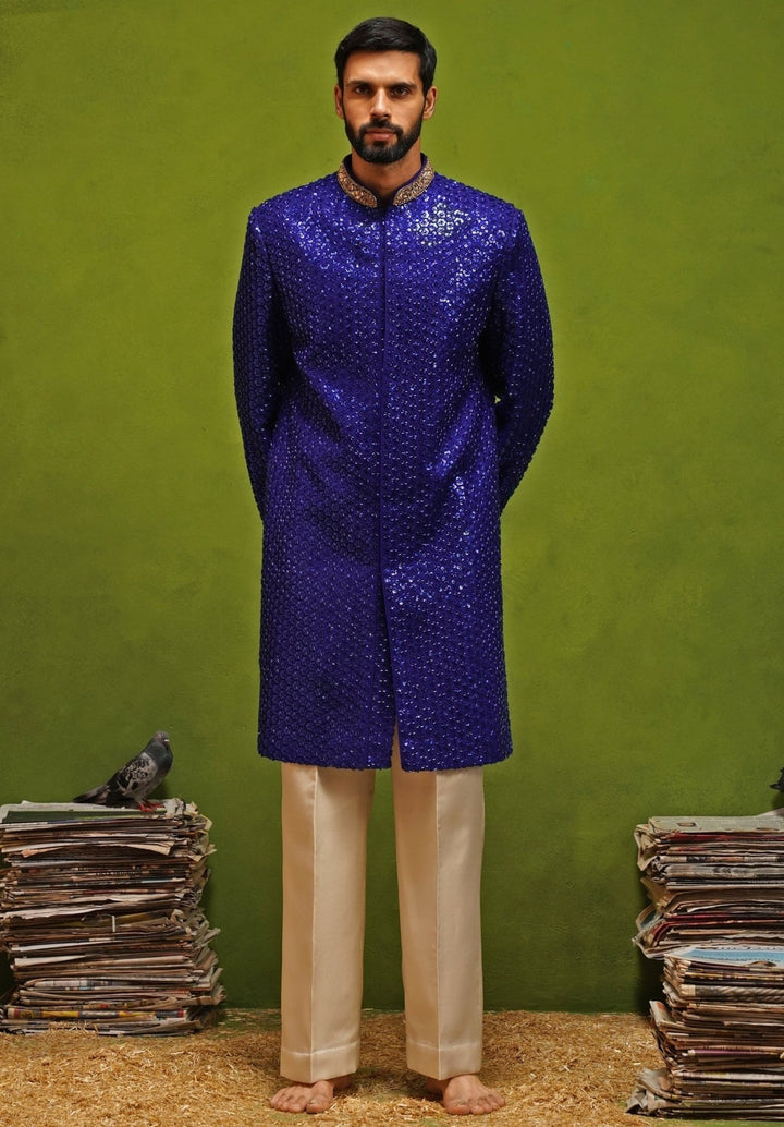 Kalpraag Royal Blue Shimmer Georgette Sherwani SetFabilicious Fashion