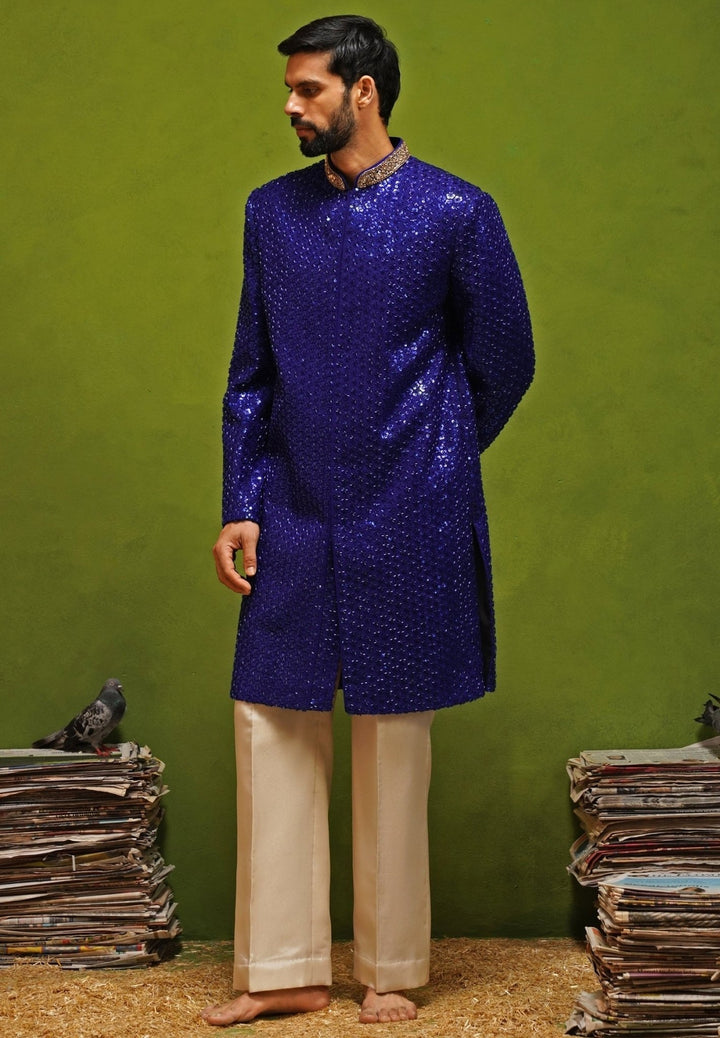 Kalpraag Royal Blue Shimmer Georgette Sherwani SetFabilicious Fashion