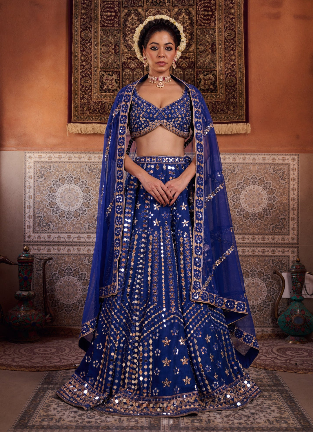 Royal Blue Silk Sequinned Lehenga Set KAPDA DORI - Fabilicious Fashion
