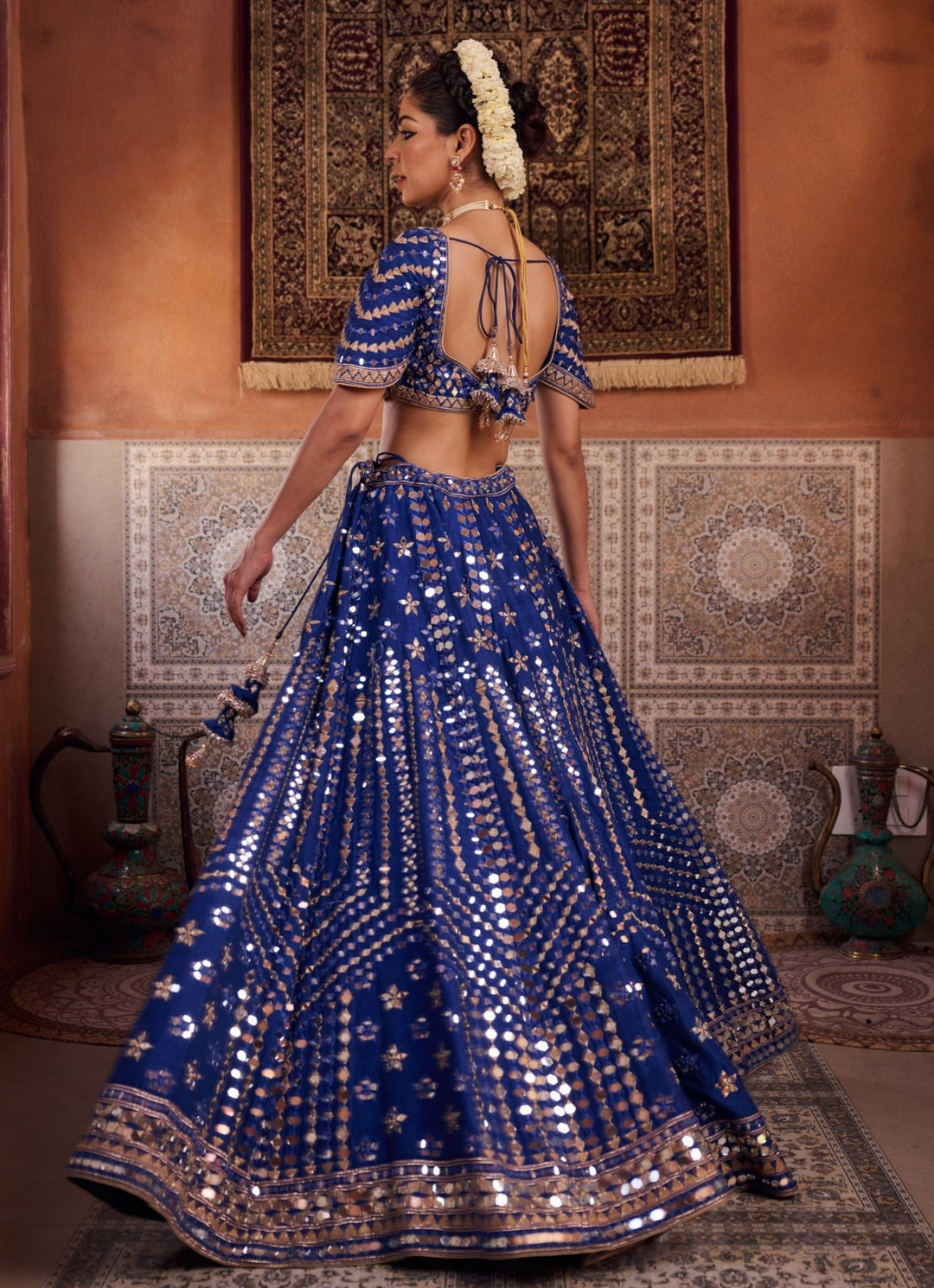 Royal Blue Silk Sequinned Lehenga Set KAPDA DORI - Fabilicious Fashion