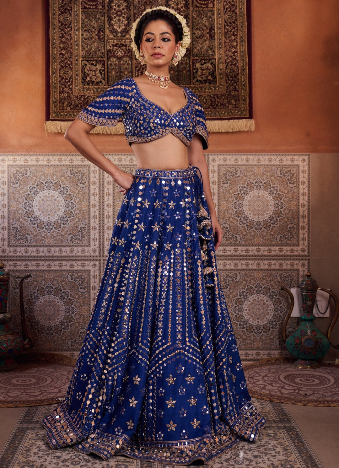 Royal Blue Silk Sequinned Lehenga Set KAPDA DORI - Fabilicious Fashion