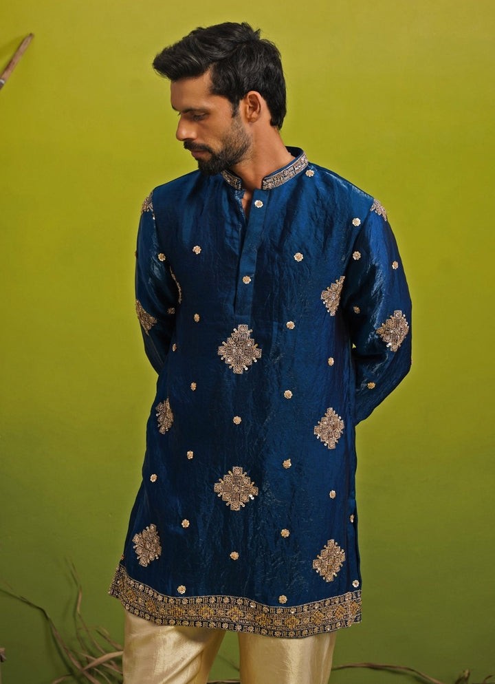 Royal Blue Tissue Silk Short Kurta Set Kalpraag - Fabilicious Fashion