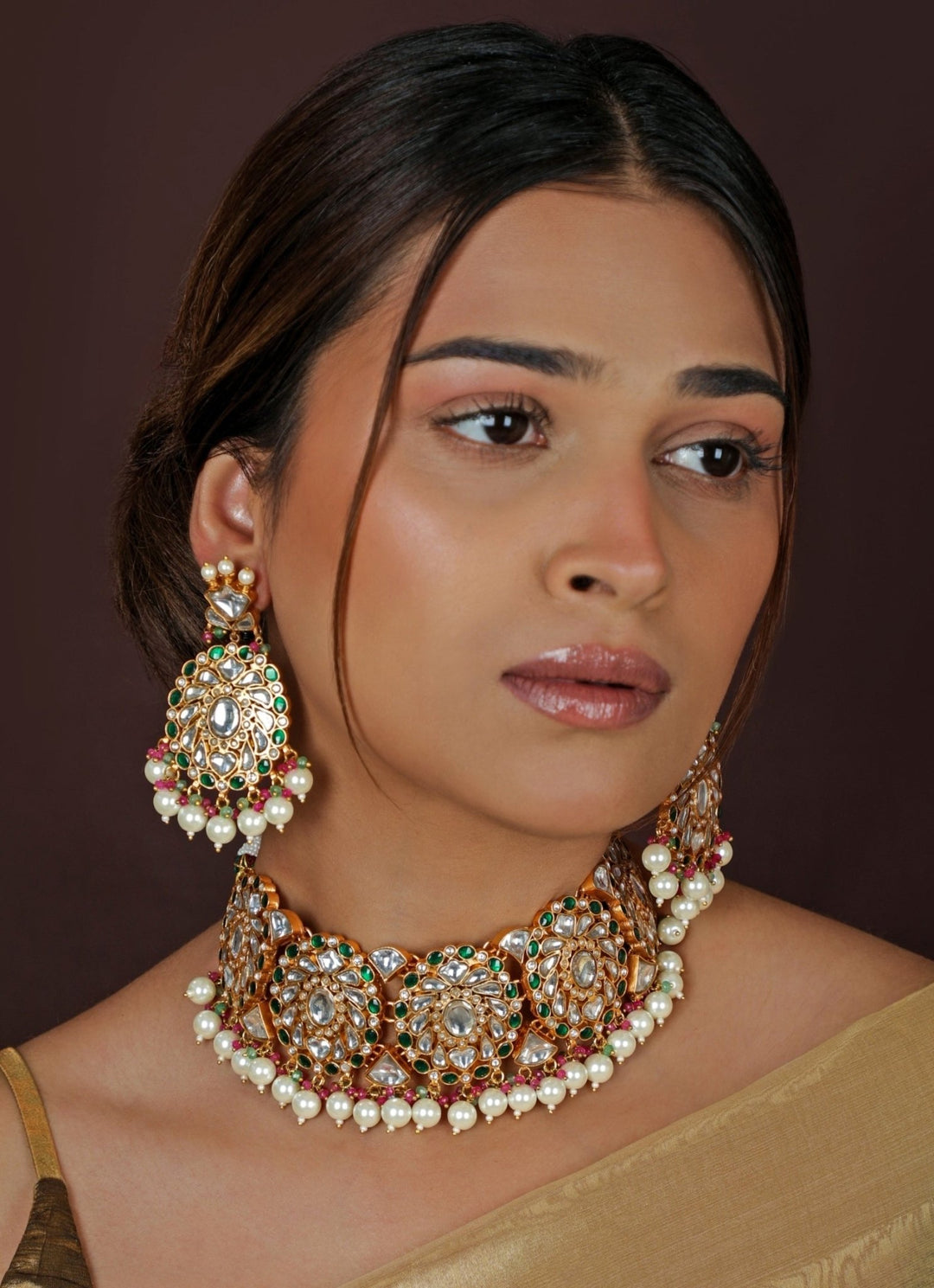 Royal Jadau Matte Gold Bridal Choker Set Riana Jewellery - Fabilicious Fashion