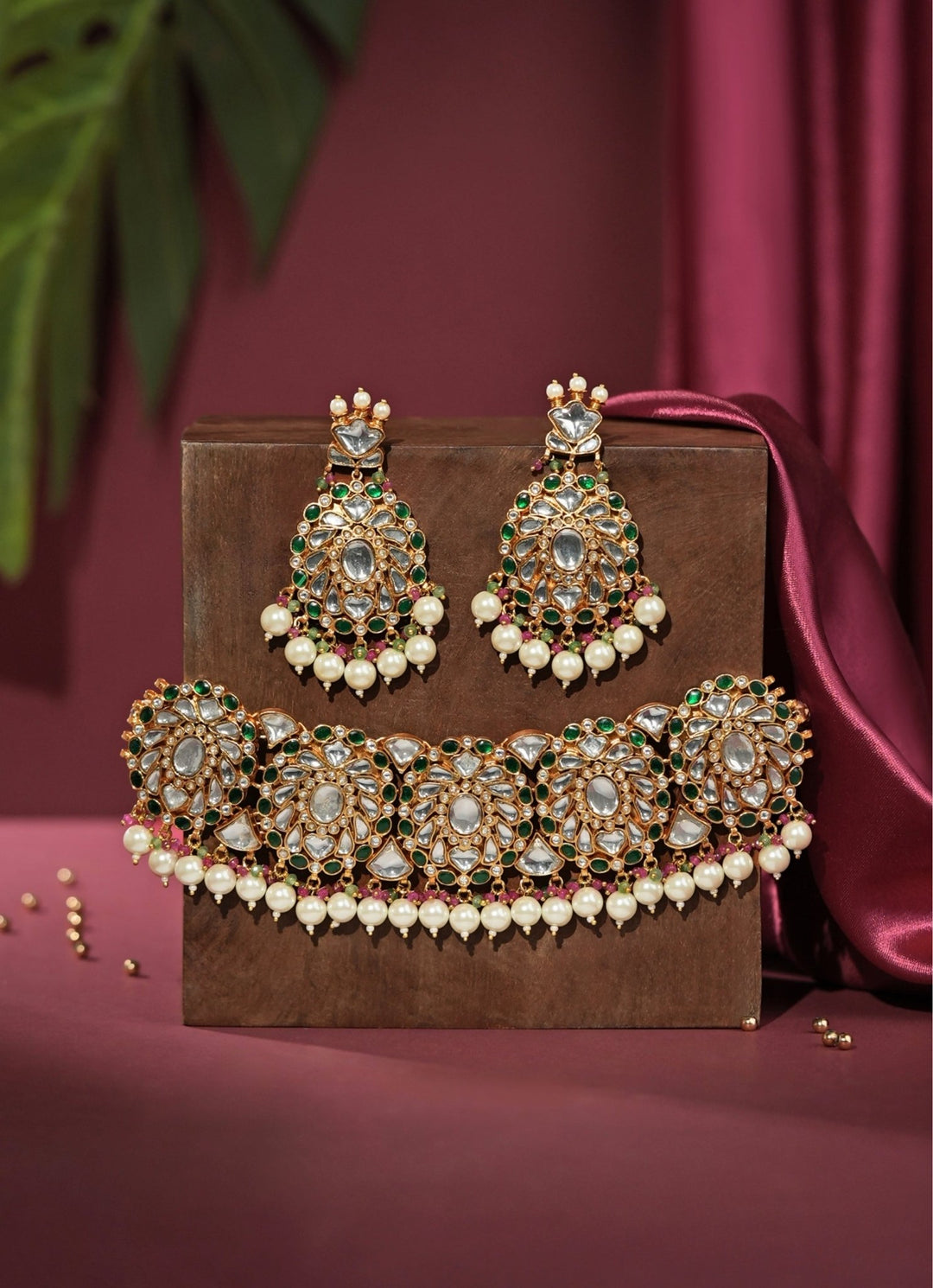 Royal Jadau Matte Gold Bridal Choker Set Riana Jewellery - Fabilicious Fashion