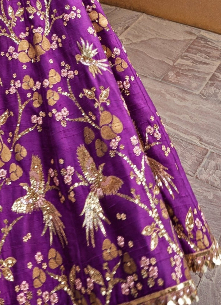 Royal Purple Embroidered Silk Lehenga Prevasu - Fabilicious Fashion