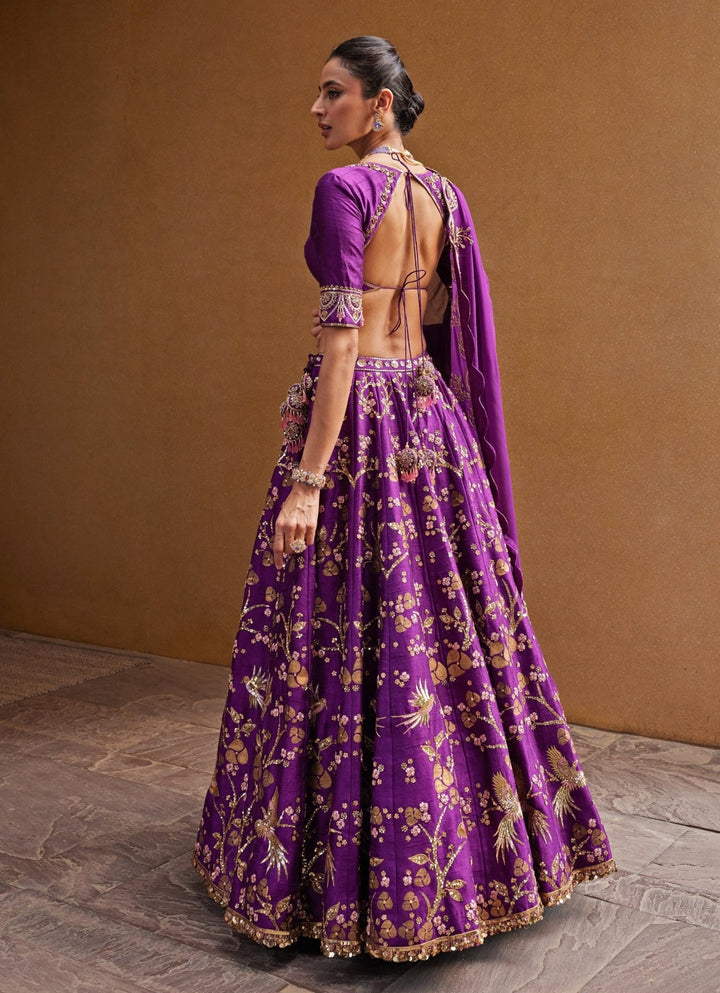 Royal Purple Embroidered Silk Lehenga Prevasu - Fabilicious Fashion