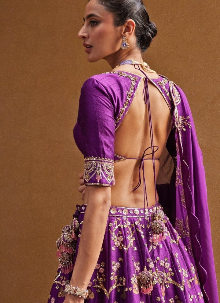 Royal Purple Embroidered Silk Lehenga Prevasu - Fabilicious Fashion