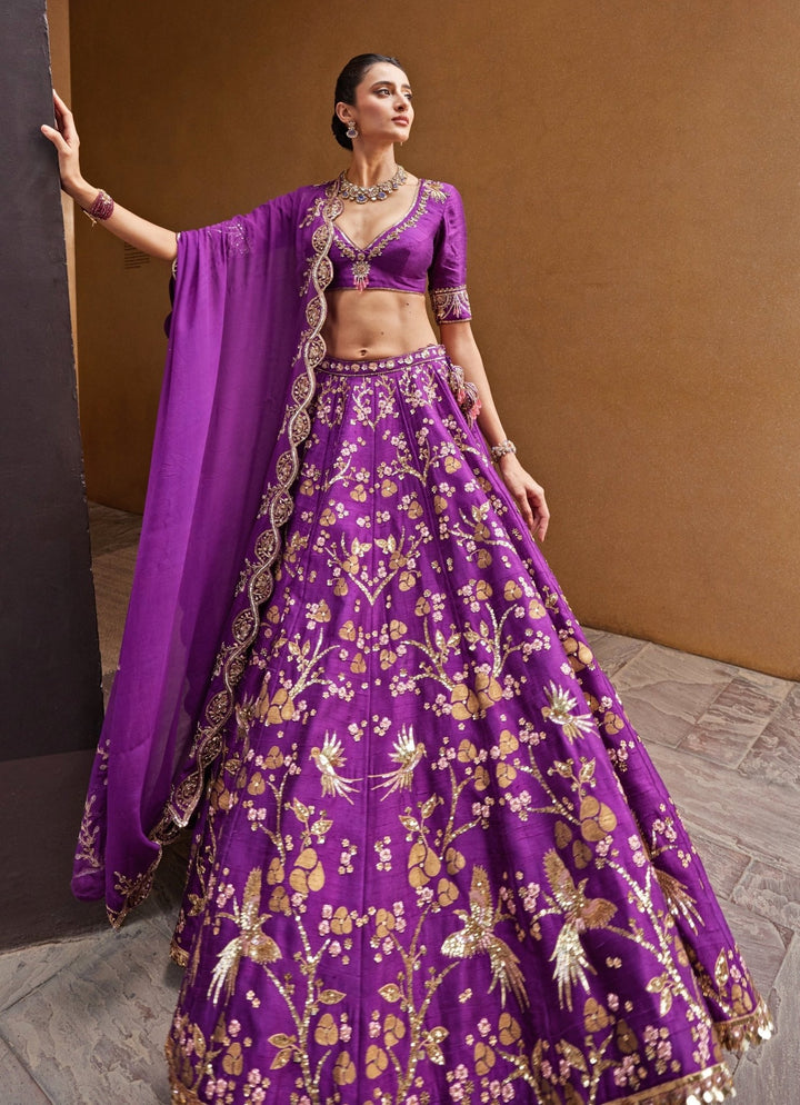 Royal Purple Embroidered Silk Lehenga Prevasu - Fabilicious Fashion