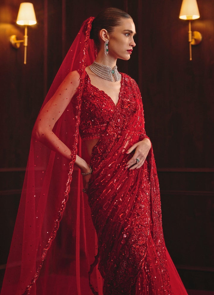 Angad Singh Royal Red Embroidered Soft Net SareeFabilicious Fashion