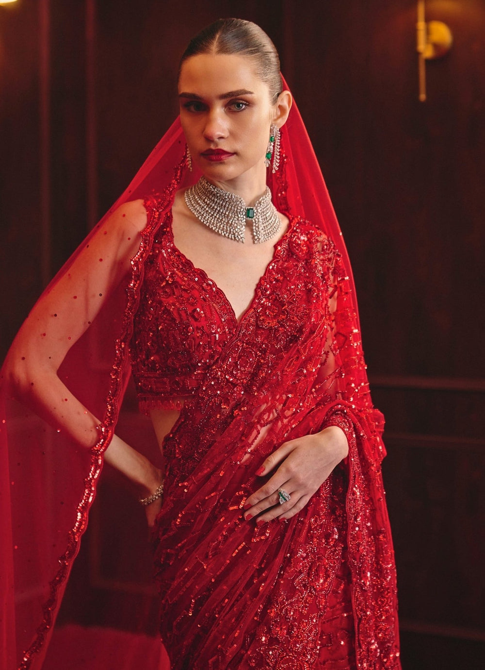 Royal Red Embroidered Soft Net Saree Angad Singh - Fabilicious Fashion