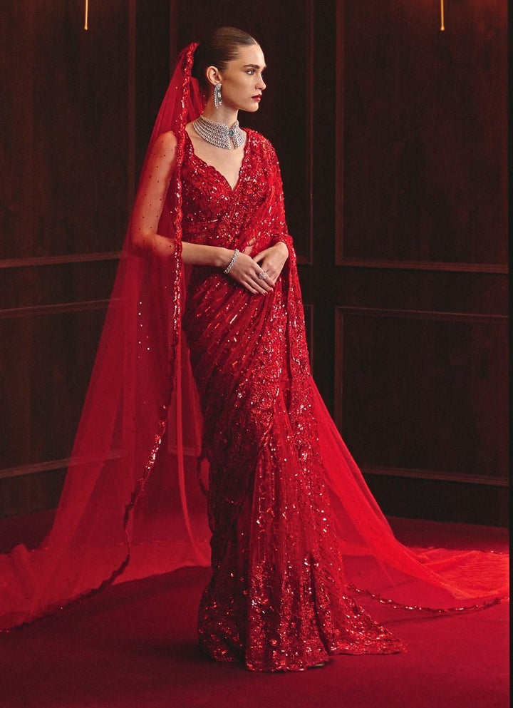 Angad Singh Royal Red Embroidered Soft Net SareeFabilicious Fashion