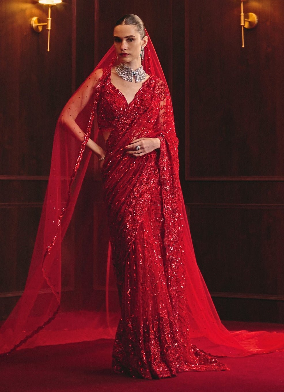Angad Singh Royal Red Embroidered Soft Net SareeFabilicious Fashion