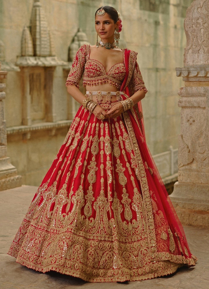 Royal Red Raw Silk Bridal Lehenga Set Nitika Gujral - Fabilicious Fashion