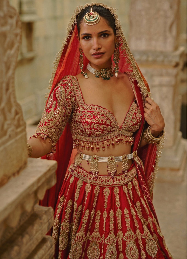 Royal Red Raw Silk Bridal Lehenga Set Nitika Gujral - Fabilicious Fashion
