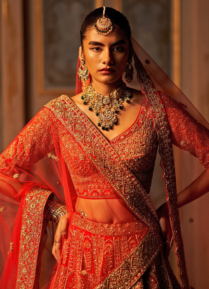 Angad Singh Royal Red Raw Silk Double Dupatta Lehenga SetFabilicious Fashion