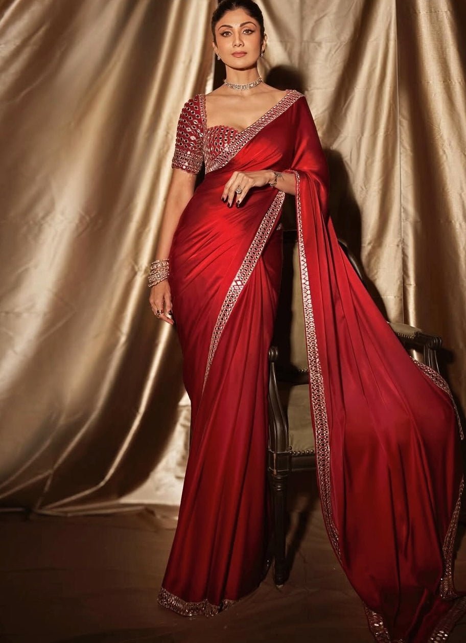 Royal Red Satin Saree With Embroidered Red Mirror Blouse Vvani by Vani Vats - Fabilicious Fashion