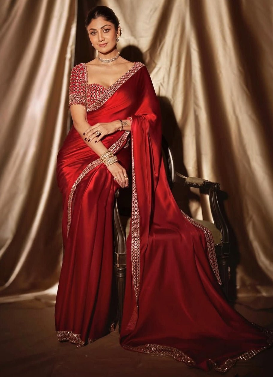Royal Red Satin Saree With Embroidered Red Mirror Blouse Vvani by Vani Vats - Fabilicious Fashion