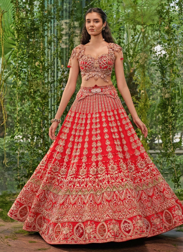 Jigar and Nikita Royal Red Silk Panelled Bridal Lehenga SetFabilicious Fashion