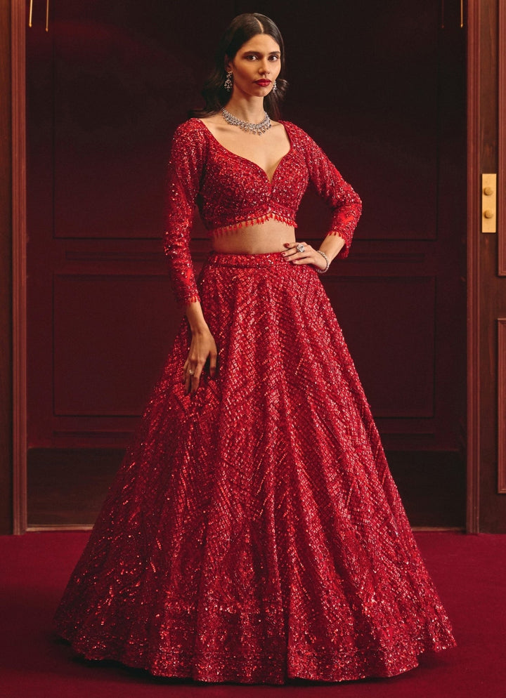 Royal Red Soft Net Bridal Lehenga Angad Singh - Fabilicious Fashion