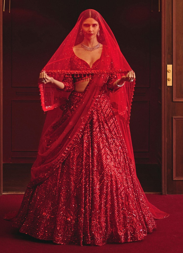 Royal Red Soft Net Bridal Lehenga Angad Singh - Fabilicious Fashion