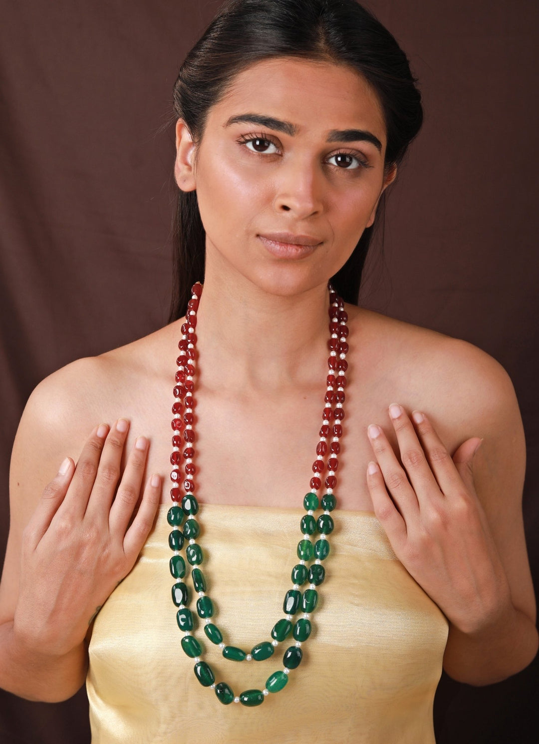 Ruby And Emerald Green Beads Necklace Riana by Shikha Jindal - Fabilicious Fashion