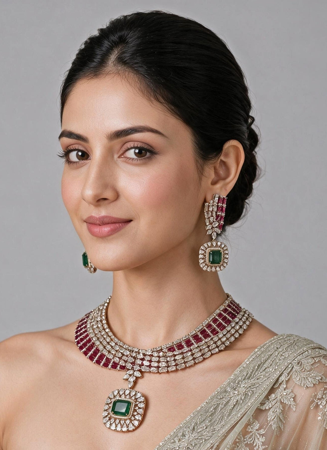 Vivinia By Vidhi Mehra Ruby And Emerald Kundan Necklace SetFabilicious Fashion