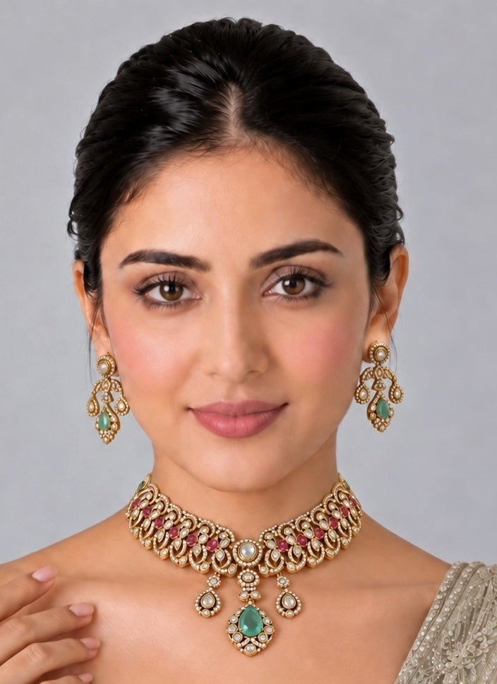 Vivinia By Vidhi Mehra Ruby And Emerald Moissanite Choker SetFabilicious Fashion