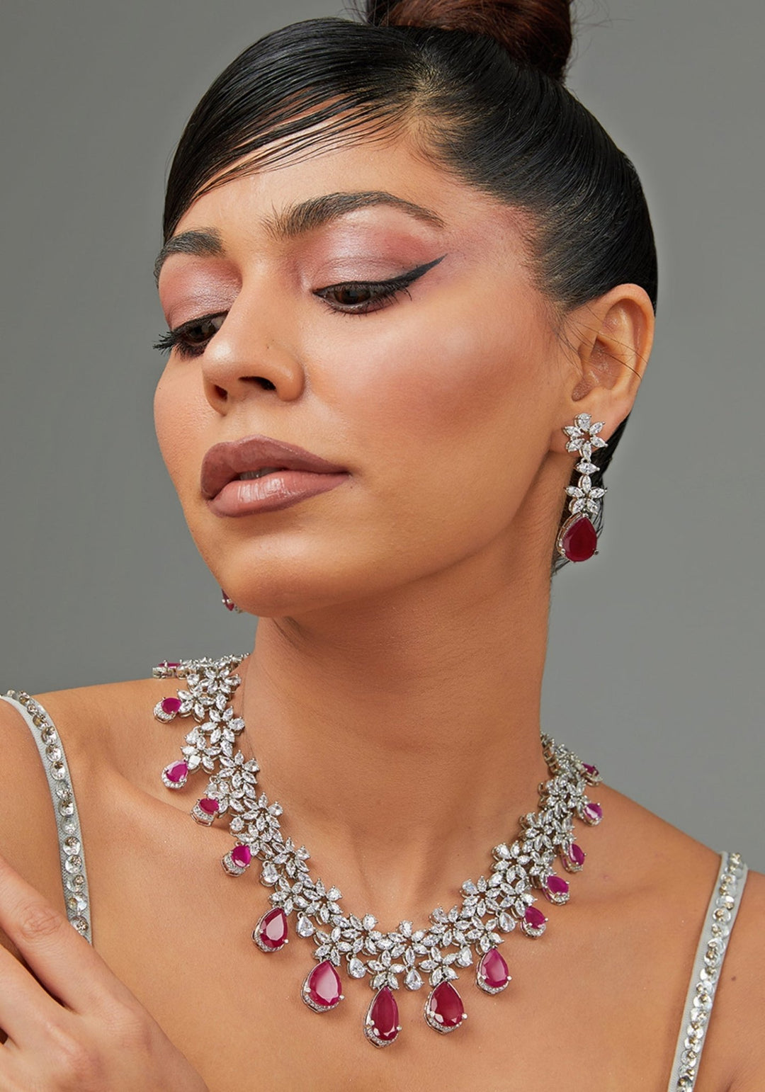 Ruby And Faux Diamond Necklace Set Zevar by Geeta - Fabilicious Fashion
