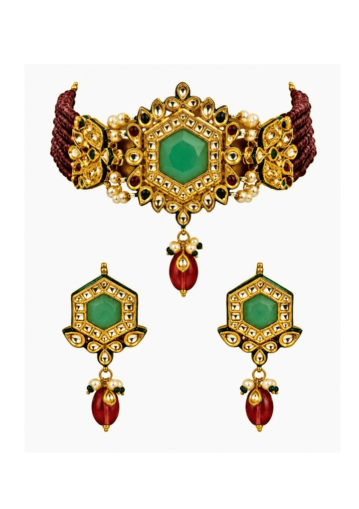 Vivinia By Vidhi Mehra Ruby Beaded Kundan Hexagon Choker SetFabilicious Fashion