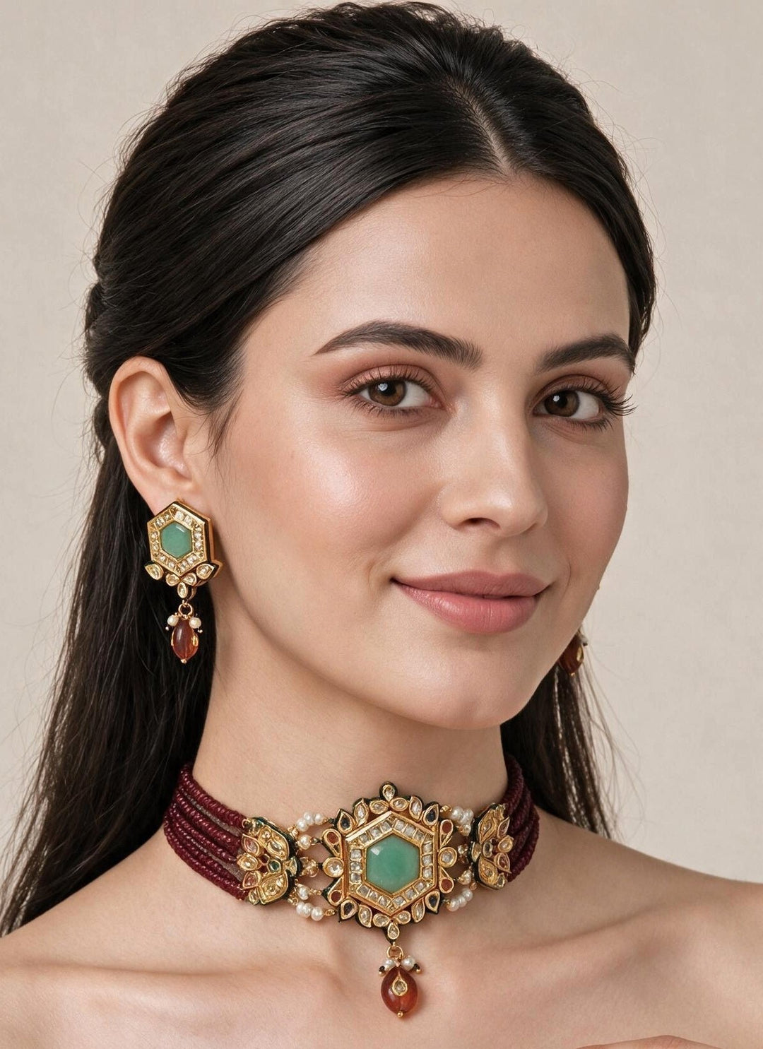 Vivinia By Vidhi Mehra Ruby Beaded Kundan Hexagon Choker SetFabilicious Fashion