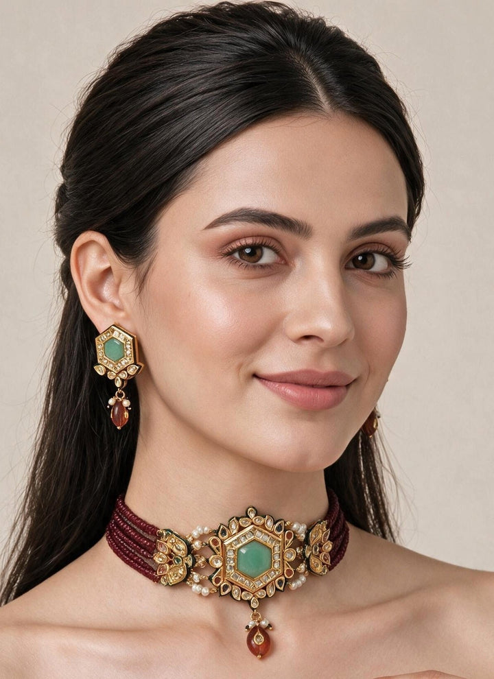 Vivinia By Vidhi Mehra Ruby Beaded Kundan Hexagon Choker SetFabilicious Fashion