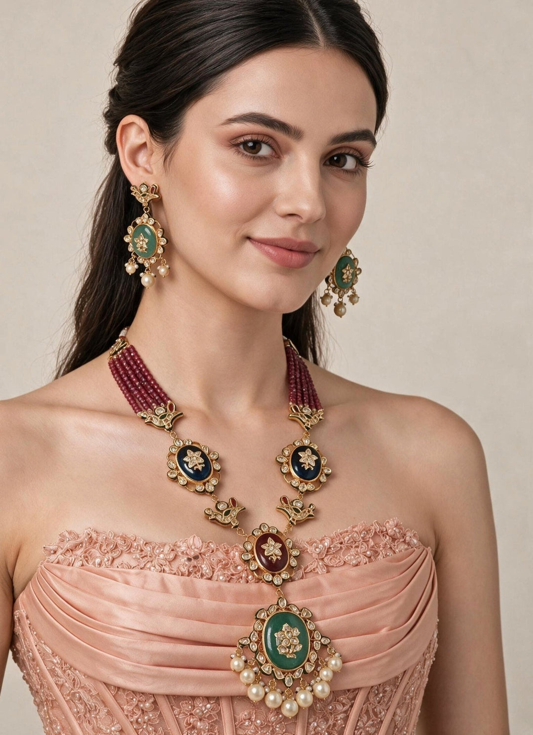 Vivinia By Vidhi Mehra Ruby Beaded Multicolor Kundan Long Necklace SetFabilicious Fashion
