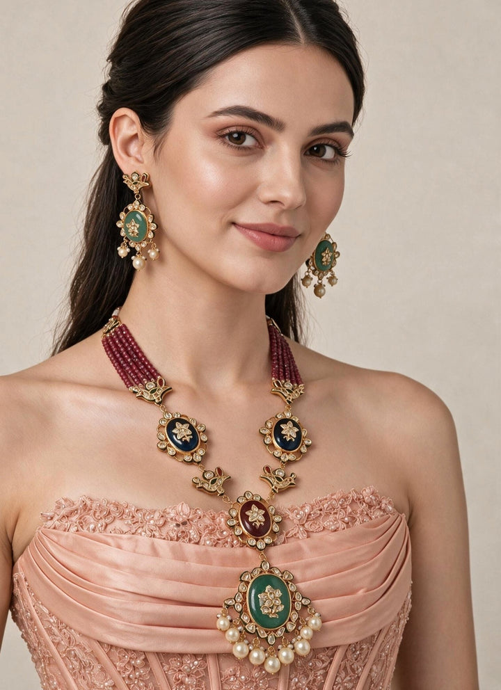 Vivinia By Vidhi Mehra Ruby Beaded Multicolor Kundan Long Necklace SetFabilicious Fashion