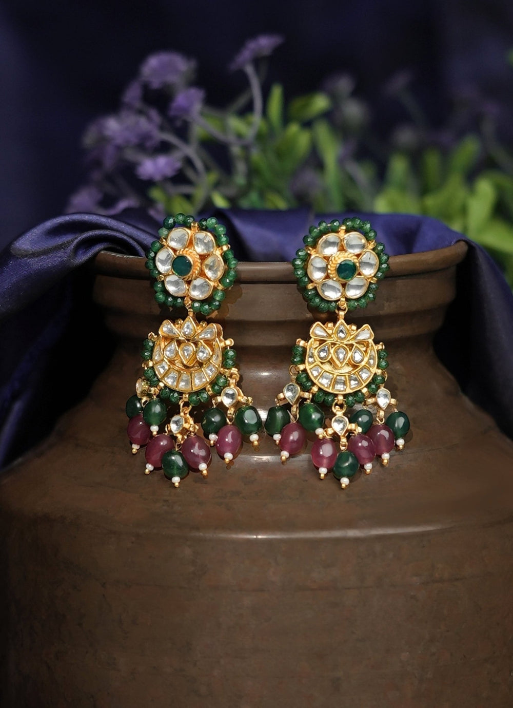Riana Jewellery Ruby Pink And Green Matte Gold EarringsFabilicious Fashion