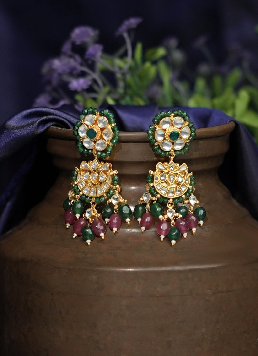 Riana Jewellery Ruby Pink And Green Matte Gold EarringsFabilicious Fashion