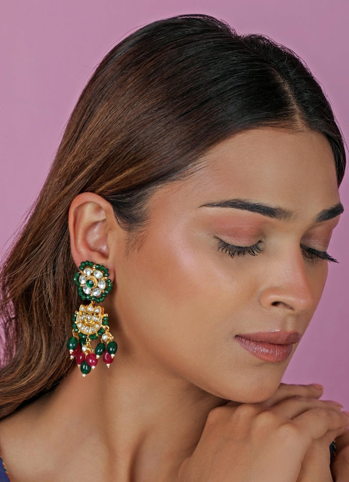 Riana Jewellery Ruby Pink And Green Matte Gold EarringsFabilicious Fashion