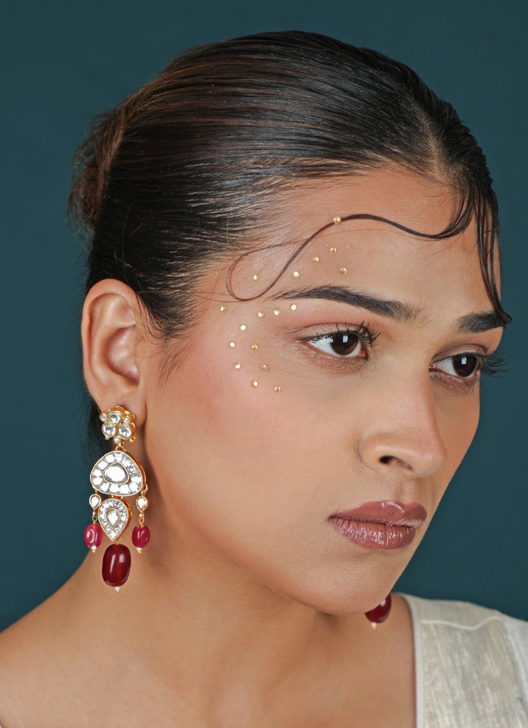 Ruby Pink Kundan Matte Gold Drop Earrings Riana Jewellery - Fabilicious Fashion