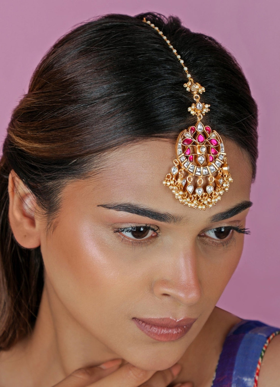 Ruby Pink Kundan & Pearl Matte Gold Maangtikka Riana Jewellery - Fabilicious Fashion