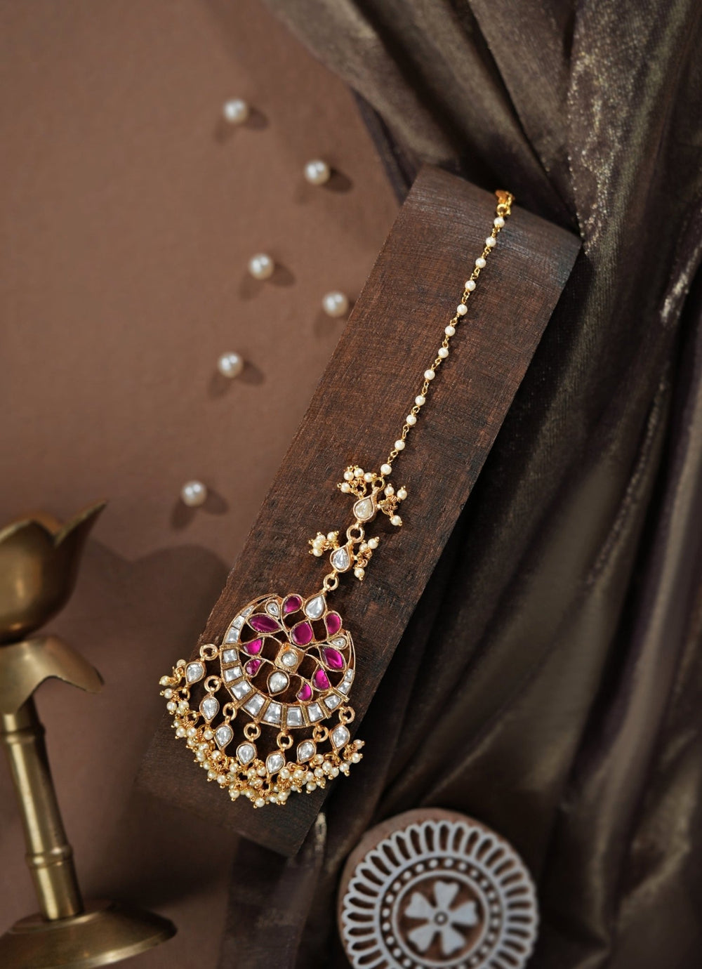 Ruby Pink Kundan & Pearl Matte Gold Maangtikka Riana Jewellery - Fabilicious Fashion