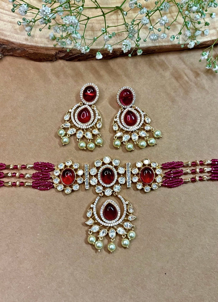 Naymee Ruby Pink Polki And Pearl Choker SetFabilicious Fashion