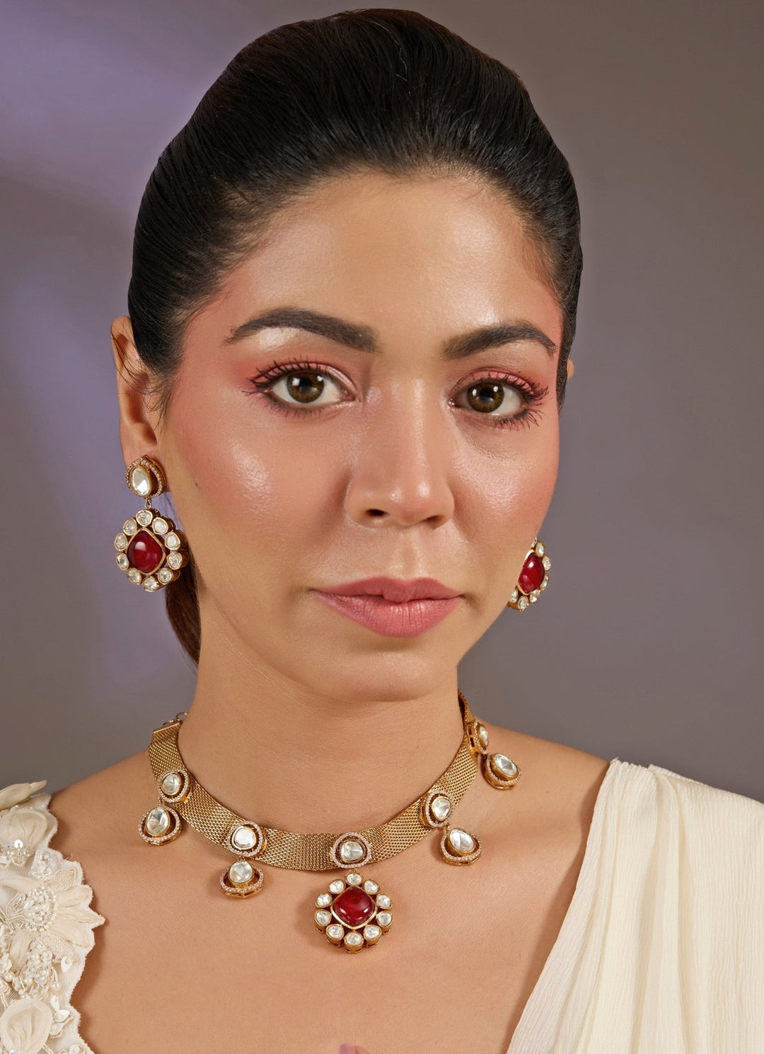 Ruby Red And Kundan Pearl Necklace Set Vivinia By Vidhi Mehra - Fabilicious Fashion