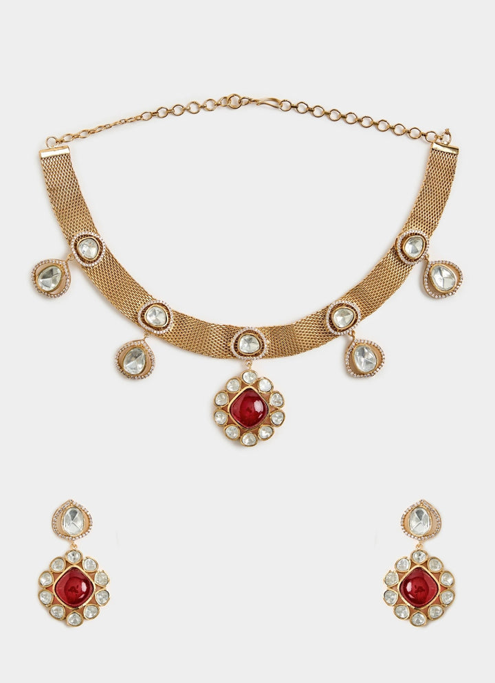 Ruby Red And Kundan Pearl Necklace Set Vivinia By Vidhi Mehra - Fabilicious Fashion