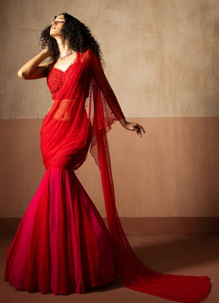 Ruby Red And Pink Mermaid Pre Draped Georgette Saree Quench A Thirst - Fabilicious Fashion
