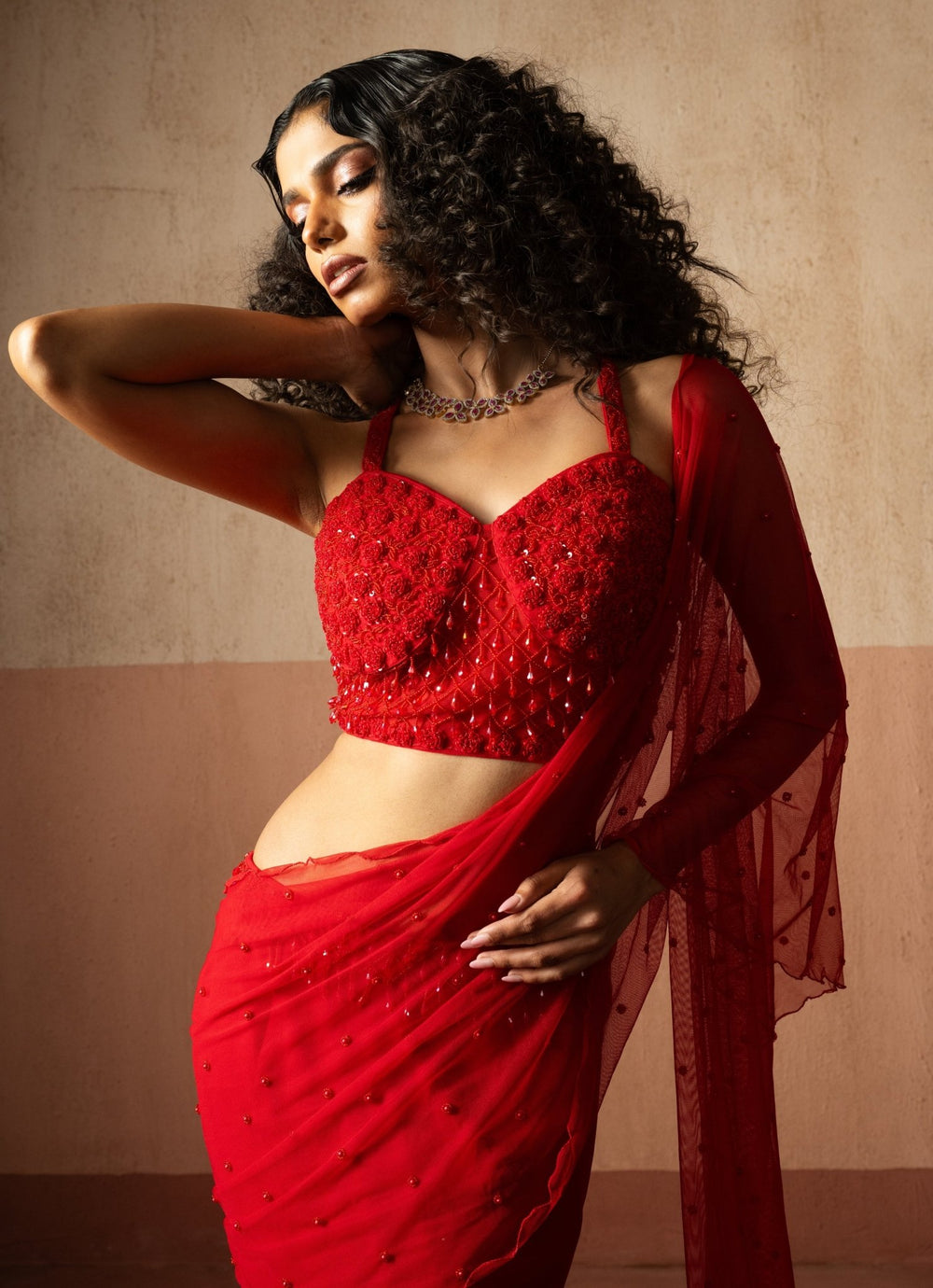 Ruby Red And Pink Mermaid Pre Draped Georgette Saree Quench A Thirst - Fabilicious Fashion